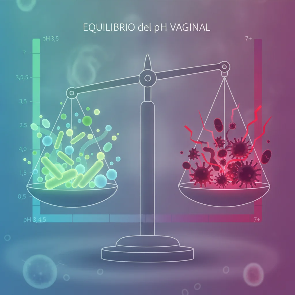 Ilustración científica del pH vaginal equilibrado y alterado, mostrando la importancia del cuidado íntimo femenino.