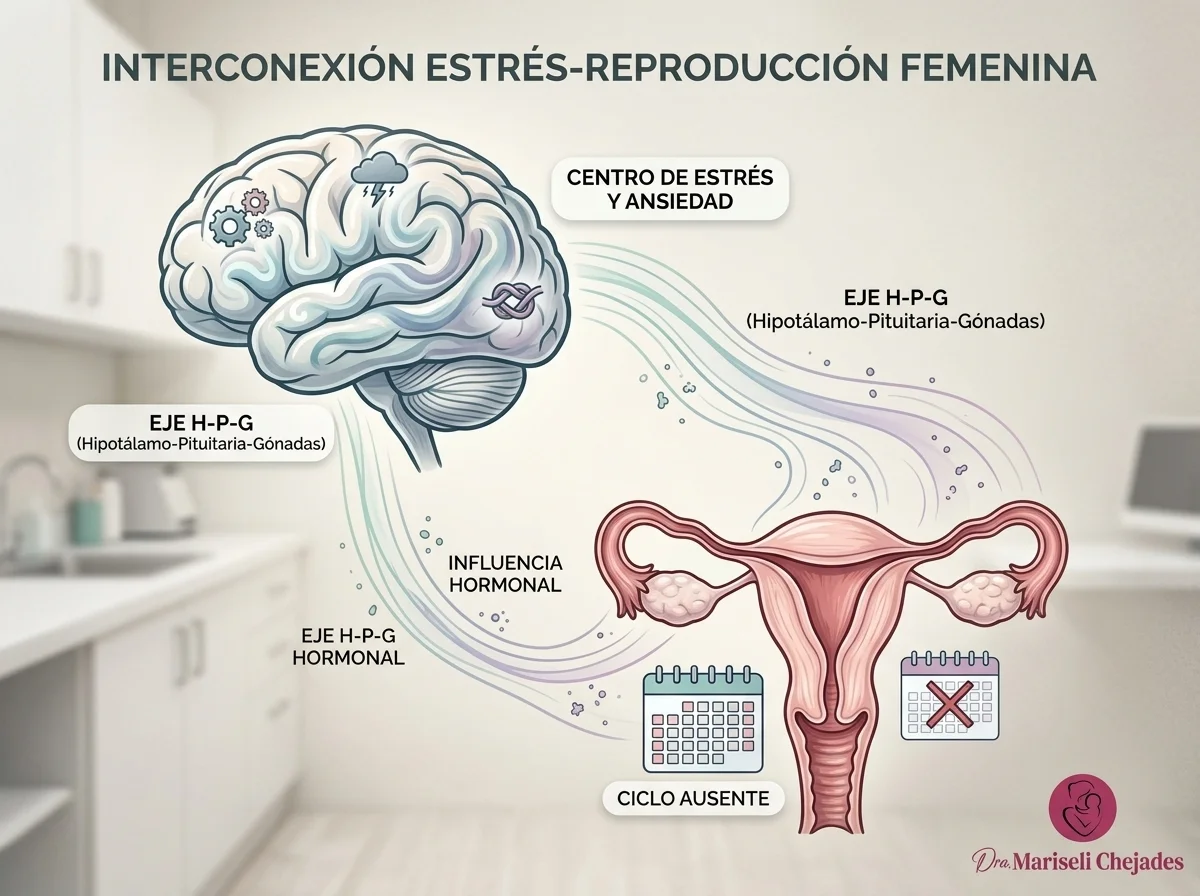 Ilustración de la conexión entre el cerebro y el sistema reproductivo, explicando cómo el estrés afecta el ciclo menstrual cuando no me viene el periodo pero tengo síntomas menstruales.