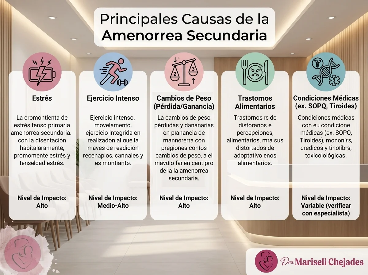 Infografía de las causas principales de la amenorrea secundaria, incluyendo el estrés y la ansiedad, cuando no me viene el periodo pero tengo síntomas menstruales.