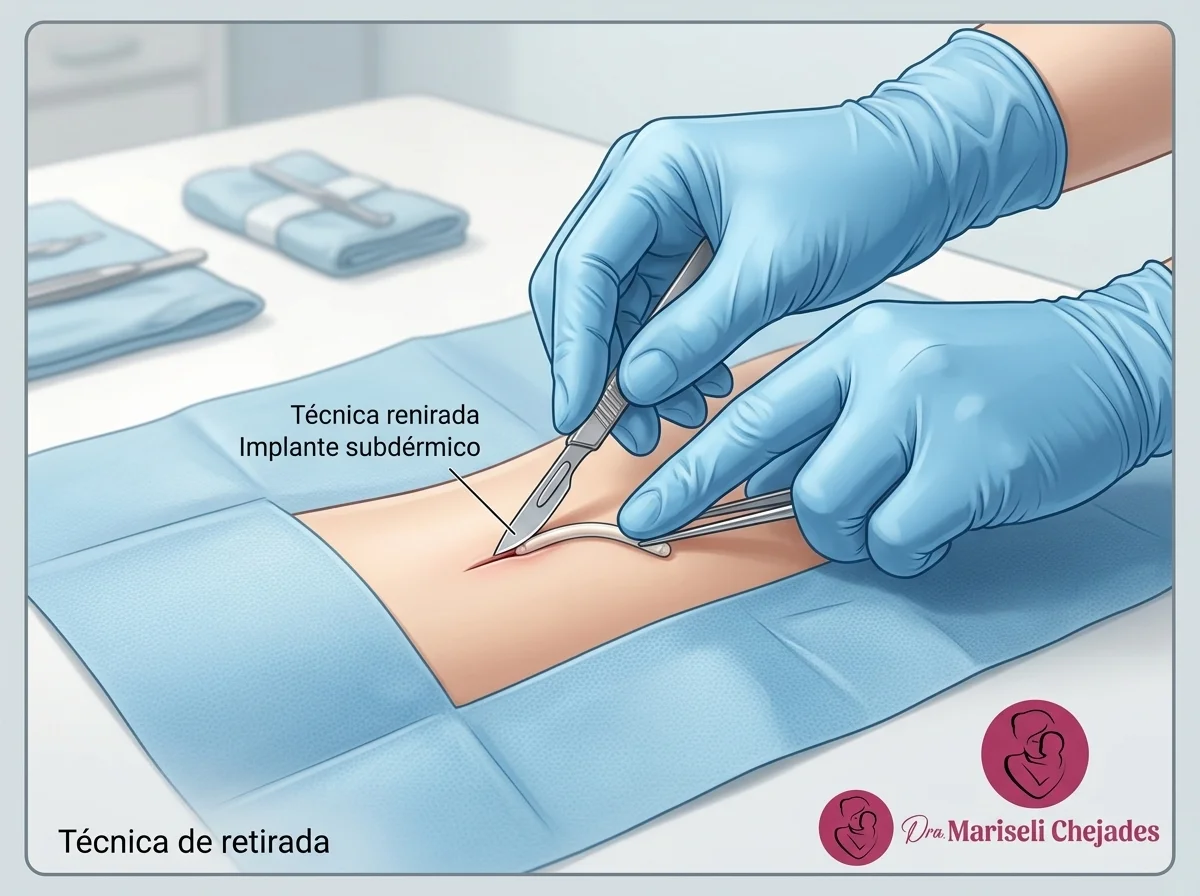 Ilustración del proceso de extracción del implante anticonceptivo, mostrando los síntomas normales después de retirar el implanon.