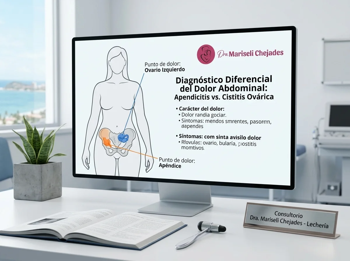 Infografía explicativa sobre la diferencia entre dolor de ovario izquierdo y apéndice presentada por la Dra Chejades