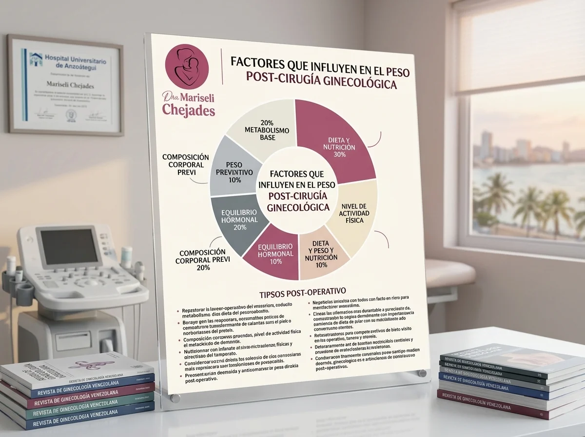 Infografía sobre factores metabólicos y la subida de peso luego de histerectomia presentada por la Dra Chejades